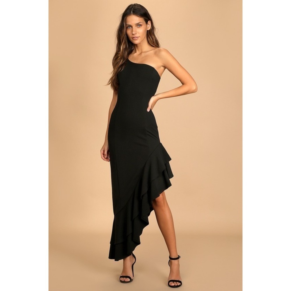 Lulus Black One-shoulder Asymmetrical Midi Dress - Size L (new with tags)